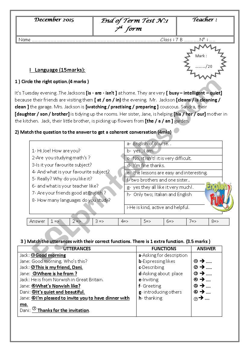 End of term test n1 worksheet