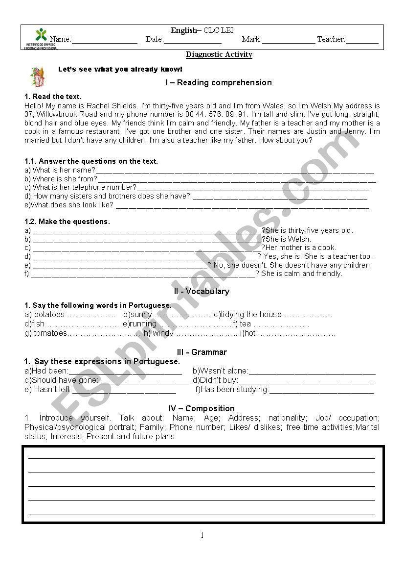 Diagnostic writtenTest worksheet