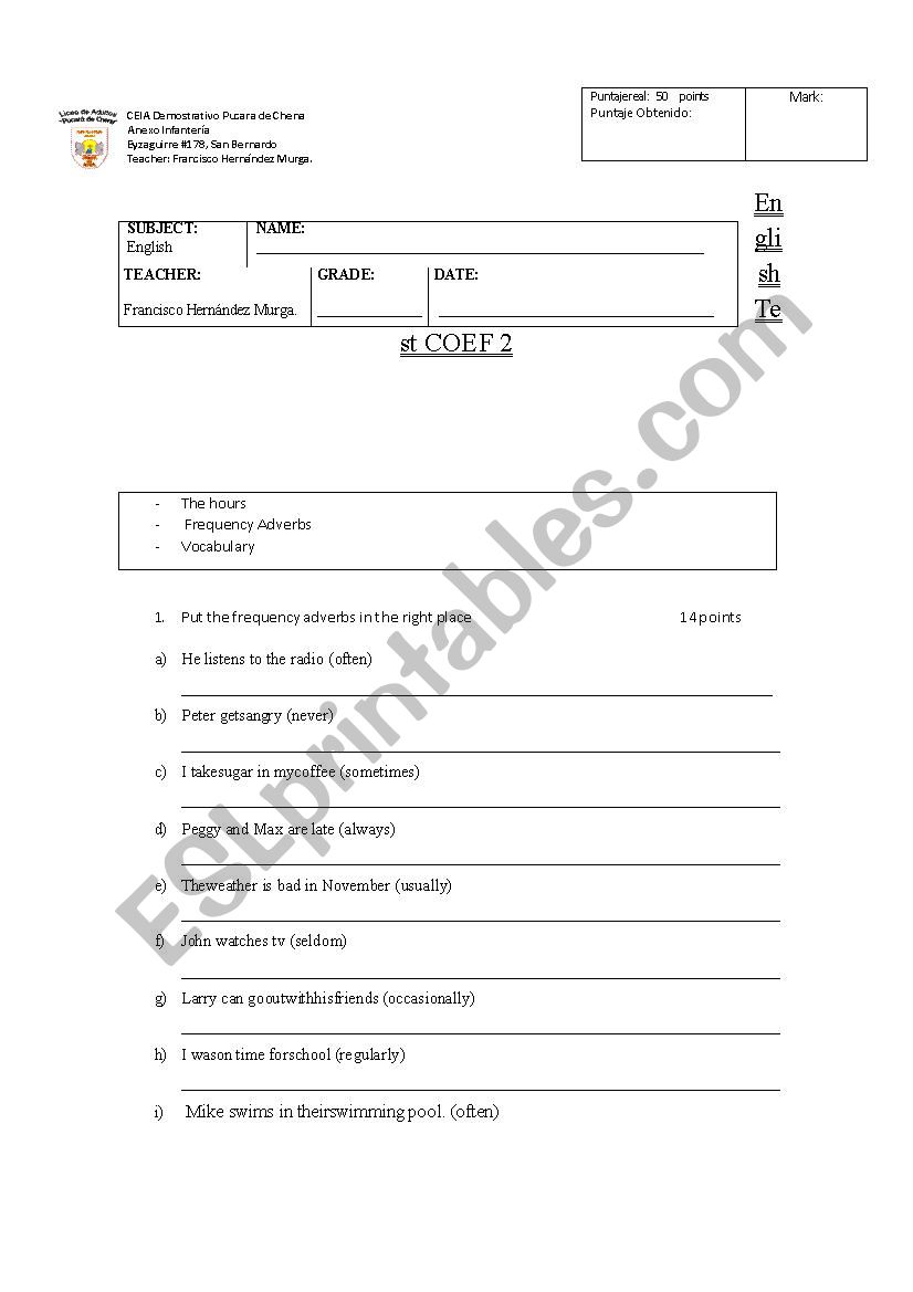 English test coef 2 worksheet