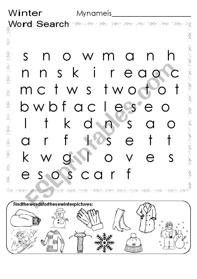 winter word search worksheet