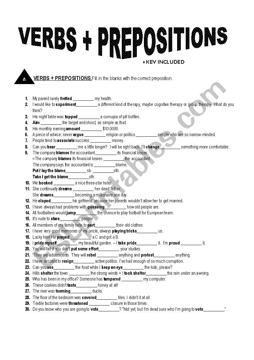 VERBS + PREPOSITIONS (+KEY INCLUDED)