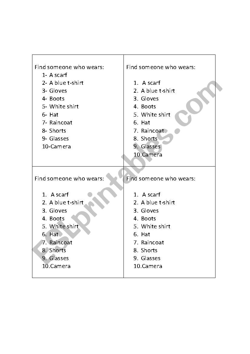 find someone who wears  worksheet