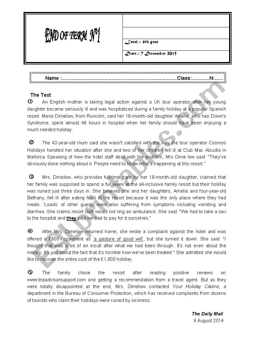 end of term test 1 for 4th year tunisian pupils 