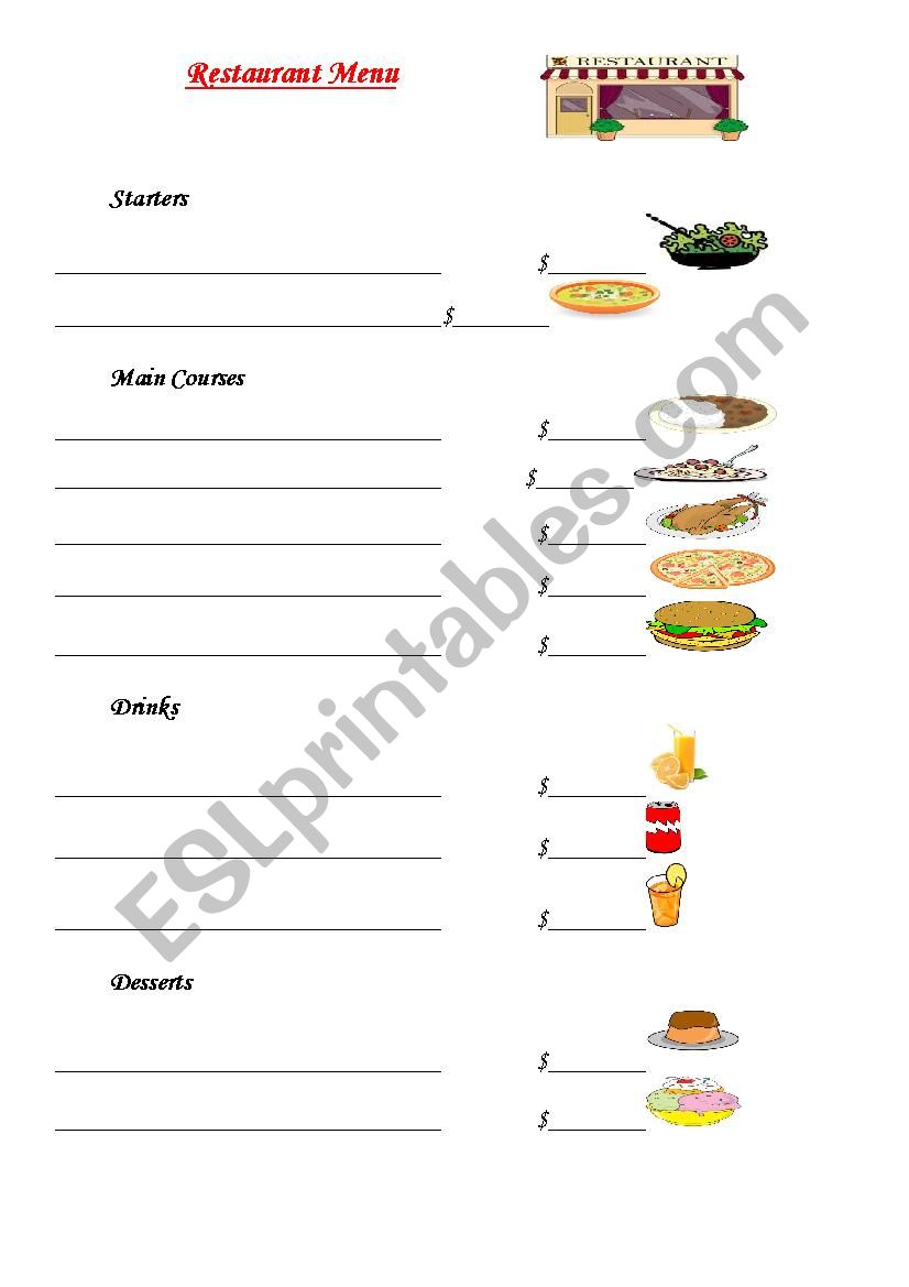 Restaurant Menu worksheet