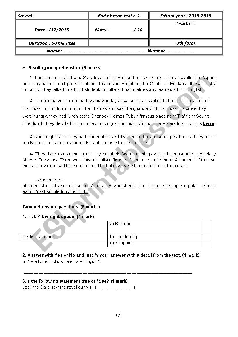 end of ter test 8th form worksheet