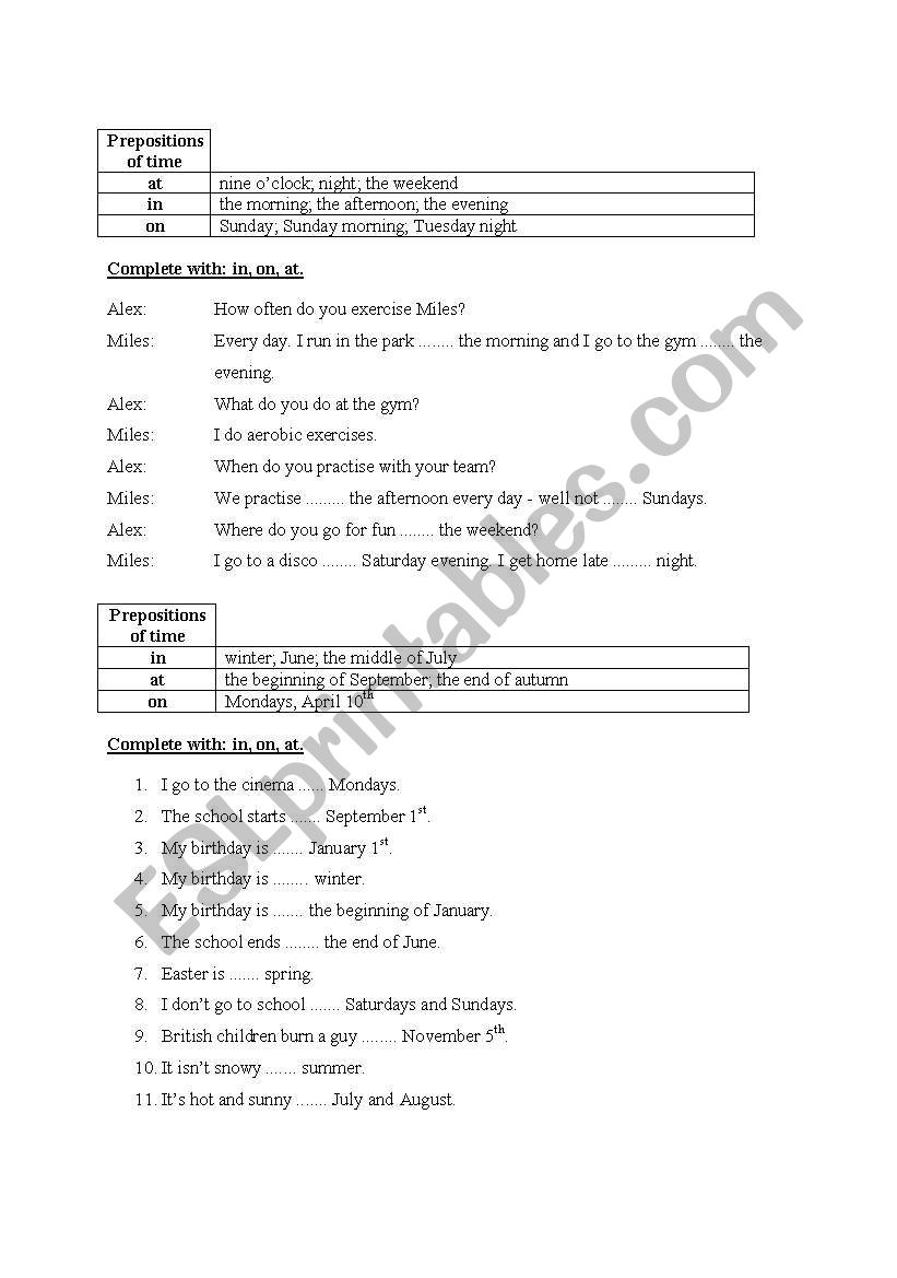 Prepostitions of time. worksheet