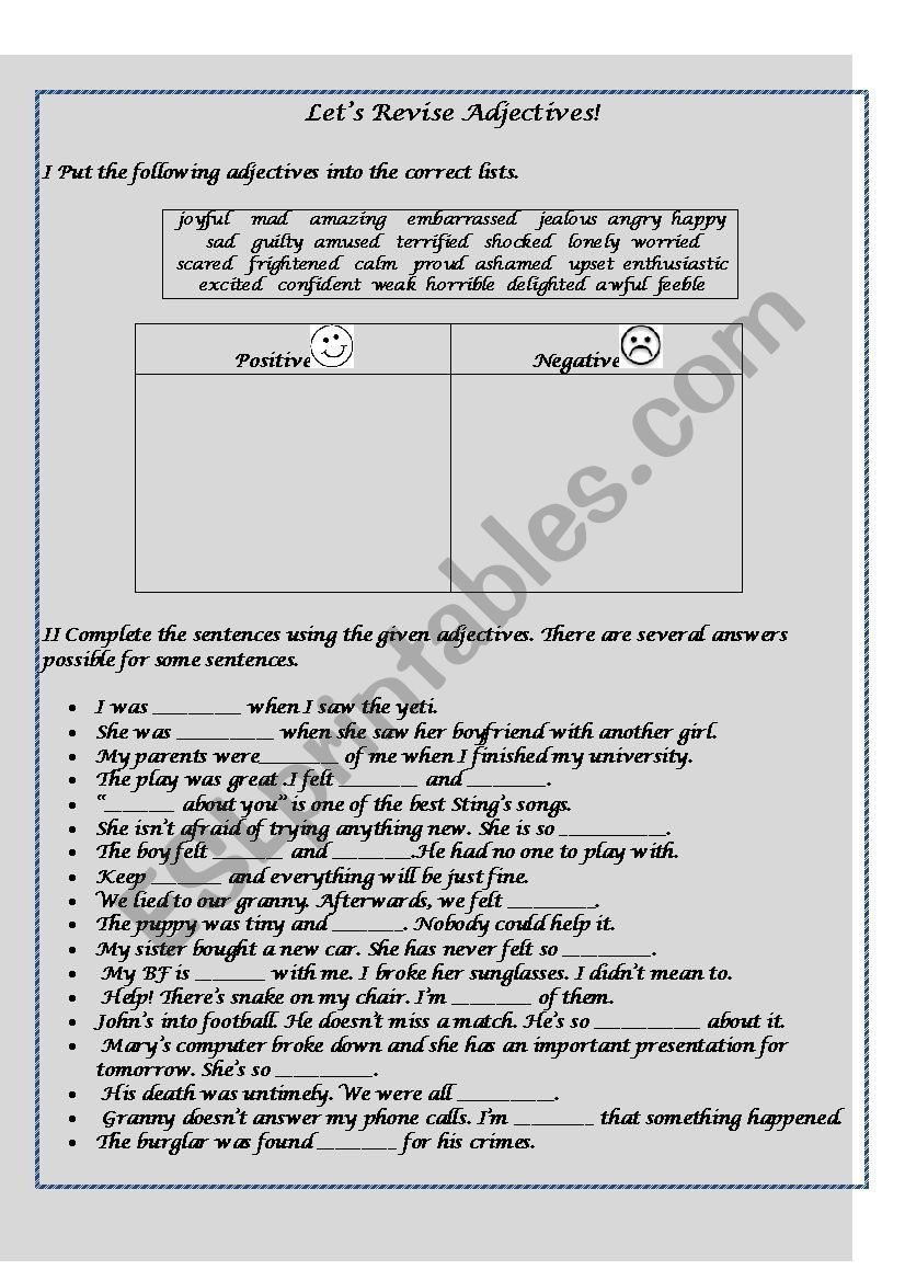 Lets revise adjectives worksheet