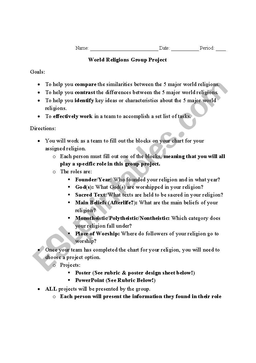 World Religion Project worksheet