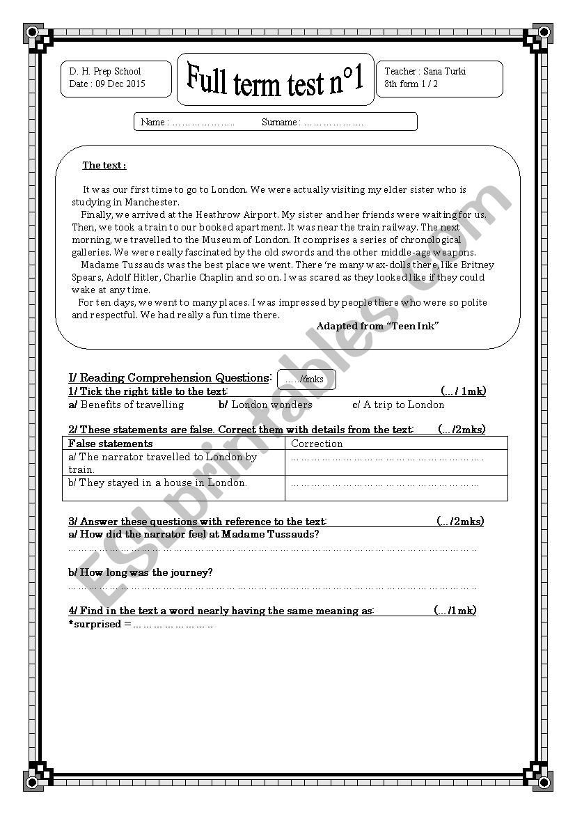 Full term test n1(8th form) worksheet