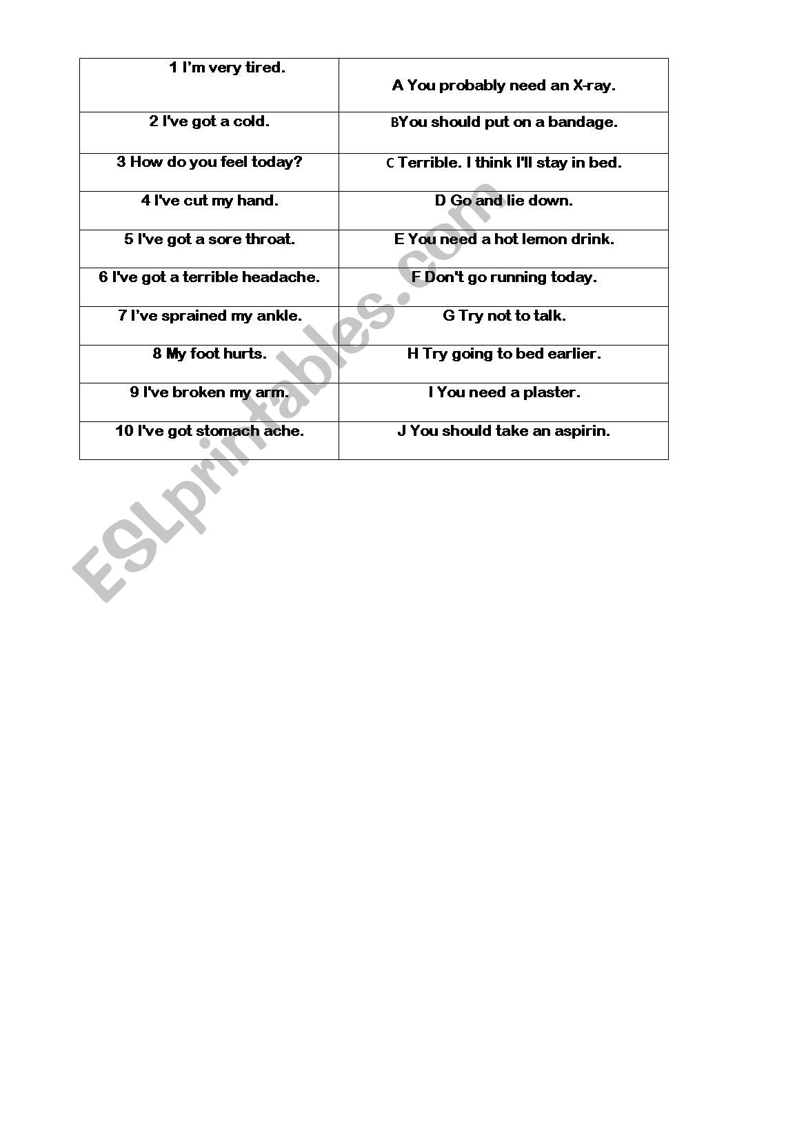 Health matching game worksheet