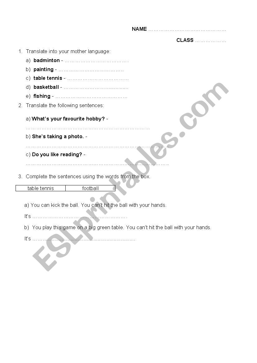 hobbies worksheet