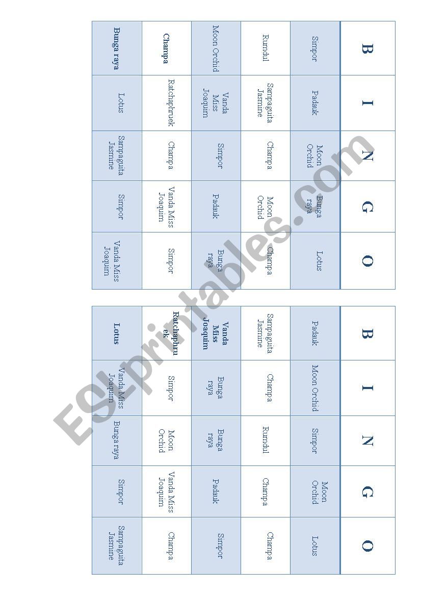 ASEAN Flower Bingo worksheet