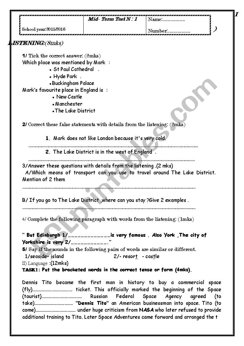 Mid-Term test N1(4 th Year) worksheet