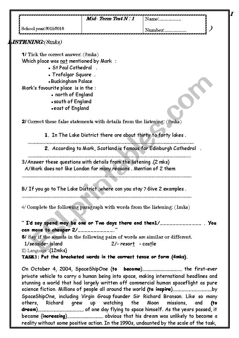 Mid-Term test N1(4 th Year) worksheet