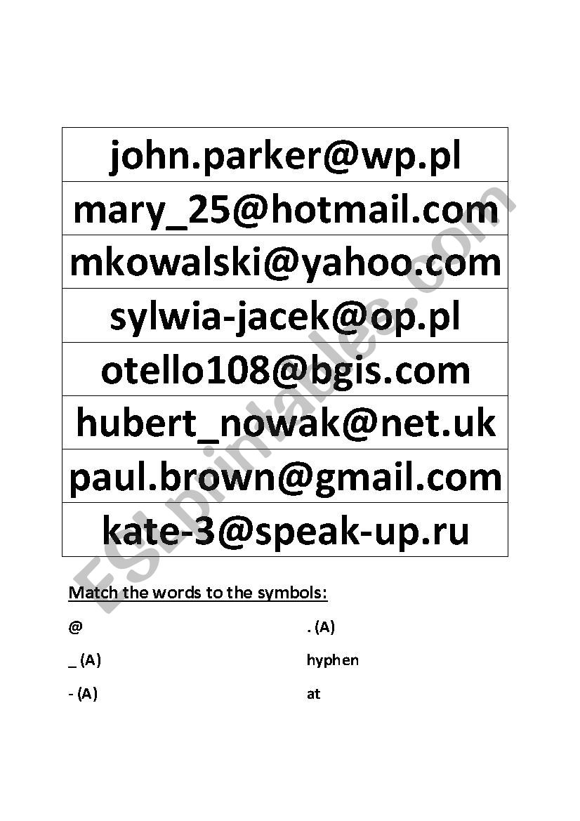 E-mail address worksheet