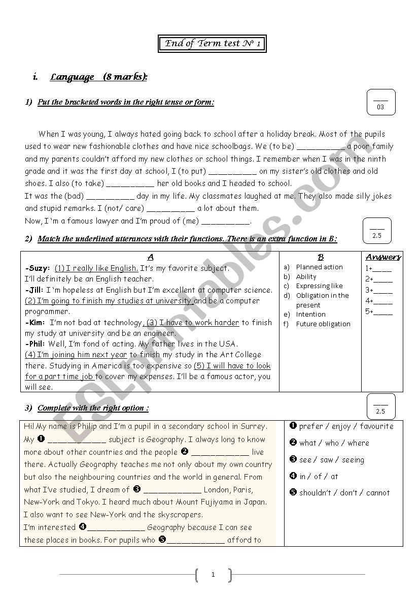 end of term test 1 (9th formes / language+writing)