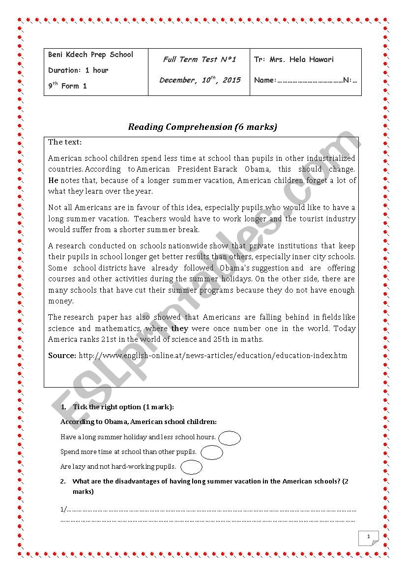 9th form Full term test 1 worksheet