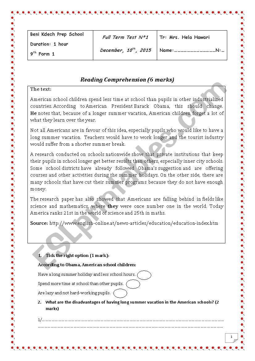 9th form Full term test 1 worksheet