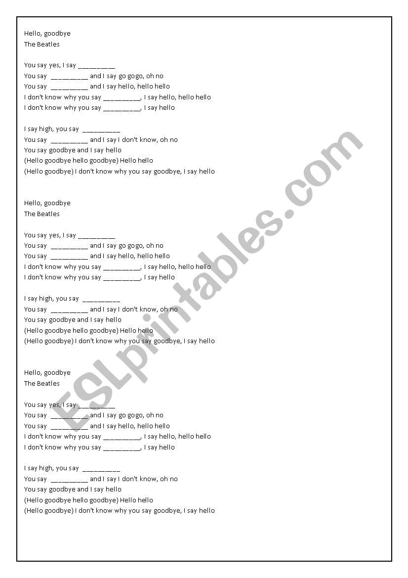 Hello Goodbye song worksheet