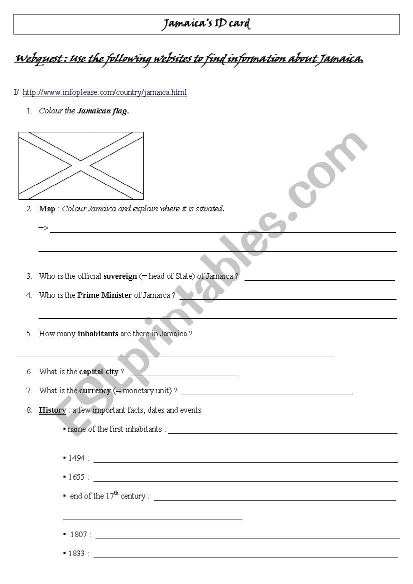 Webquest on Jamaica worksheet