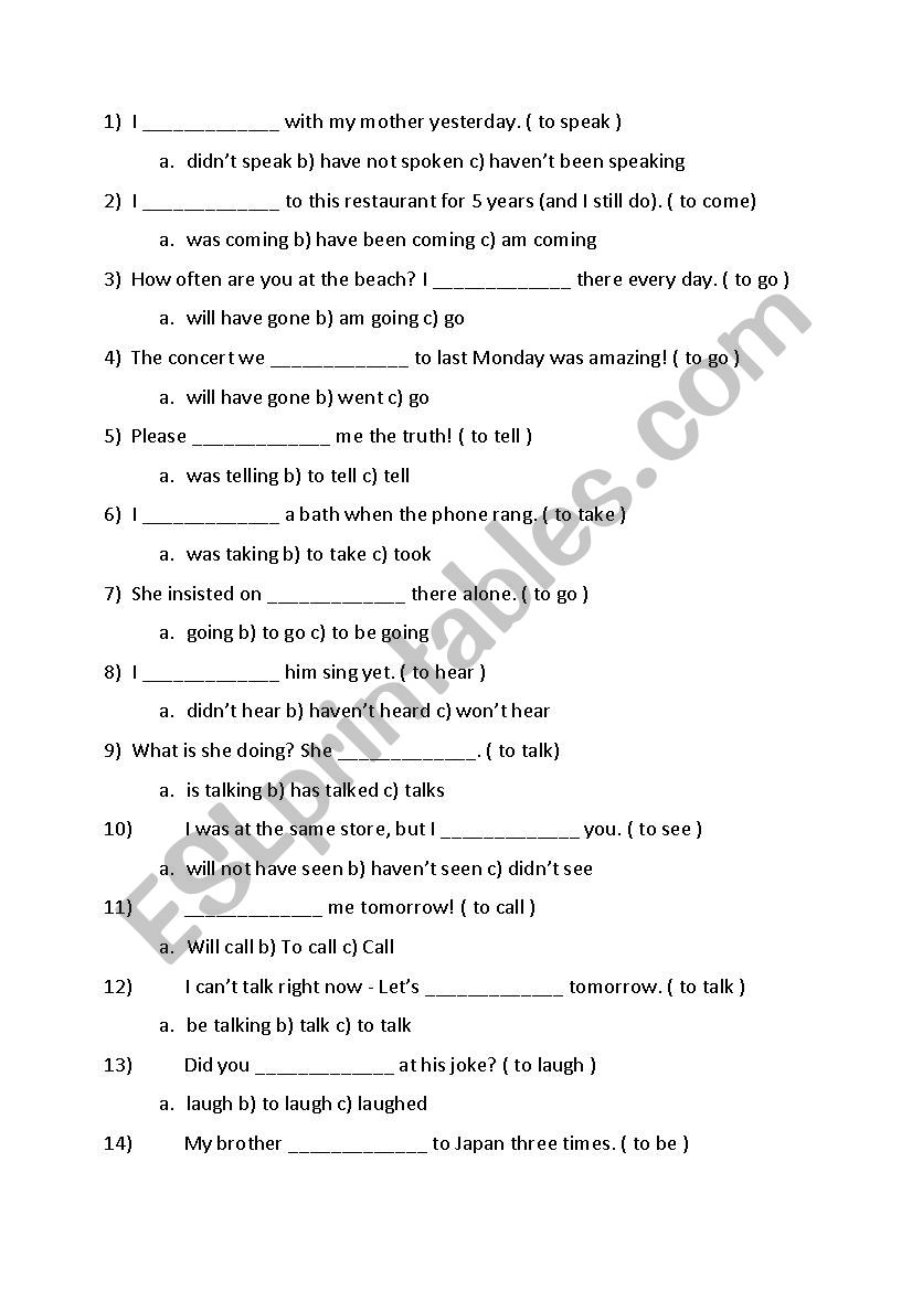 mixed tenses test  worksheet