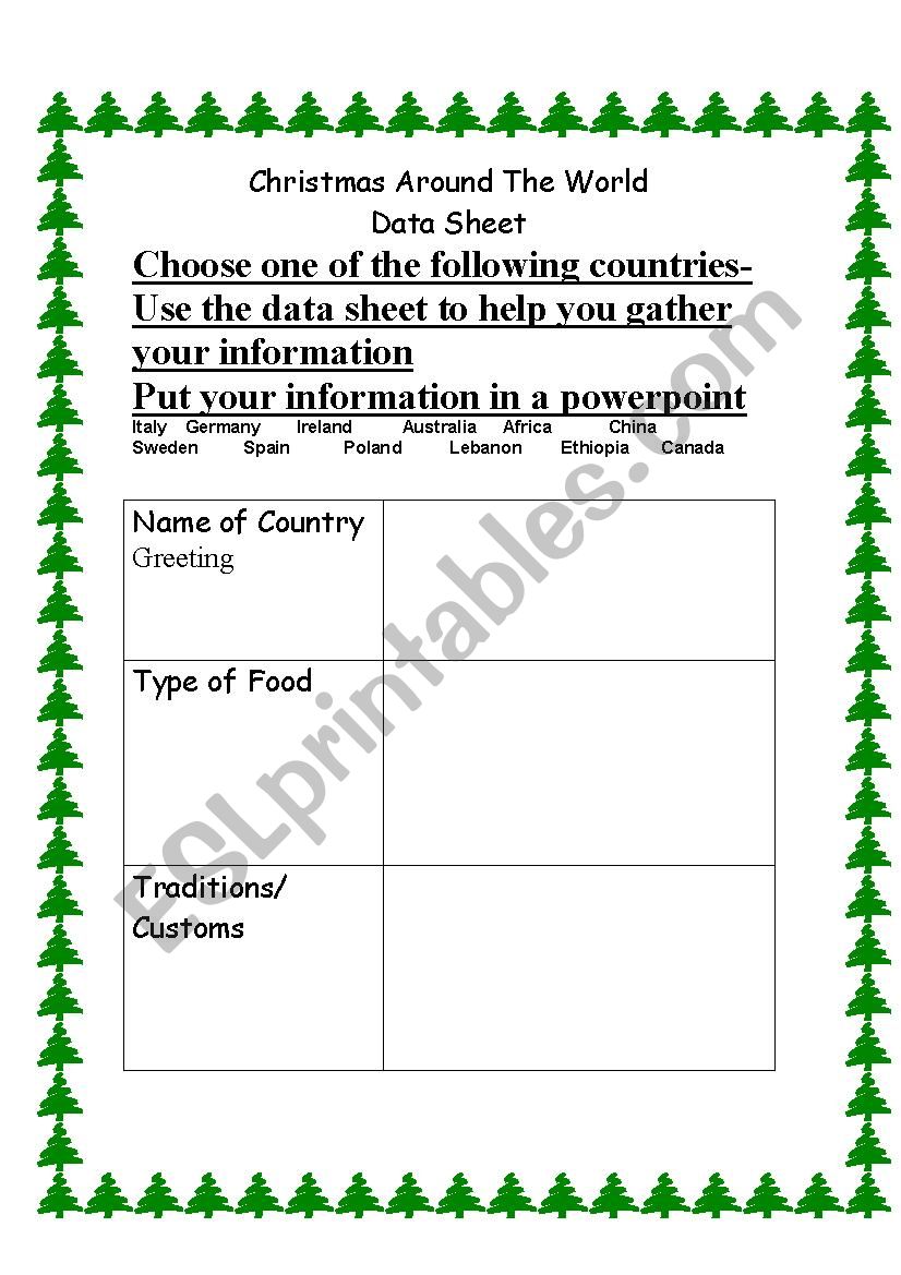 Data sheet for Christmas around the world
