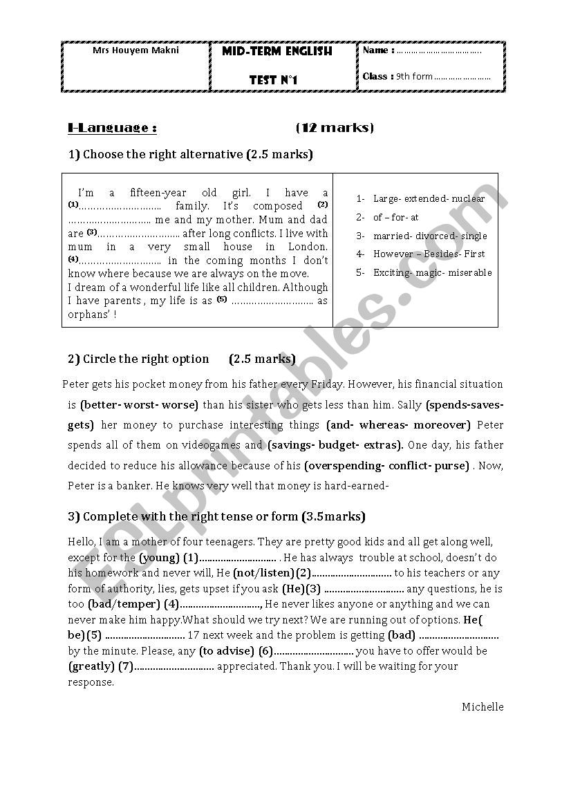 MID Term TEST 1 worksheet