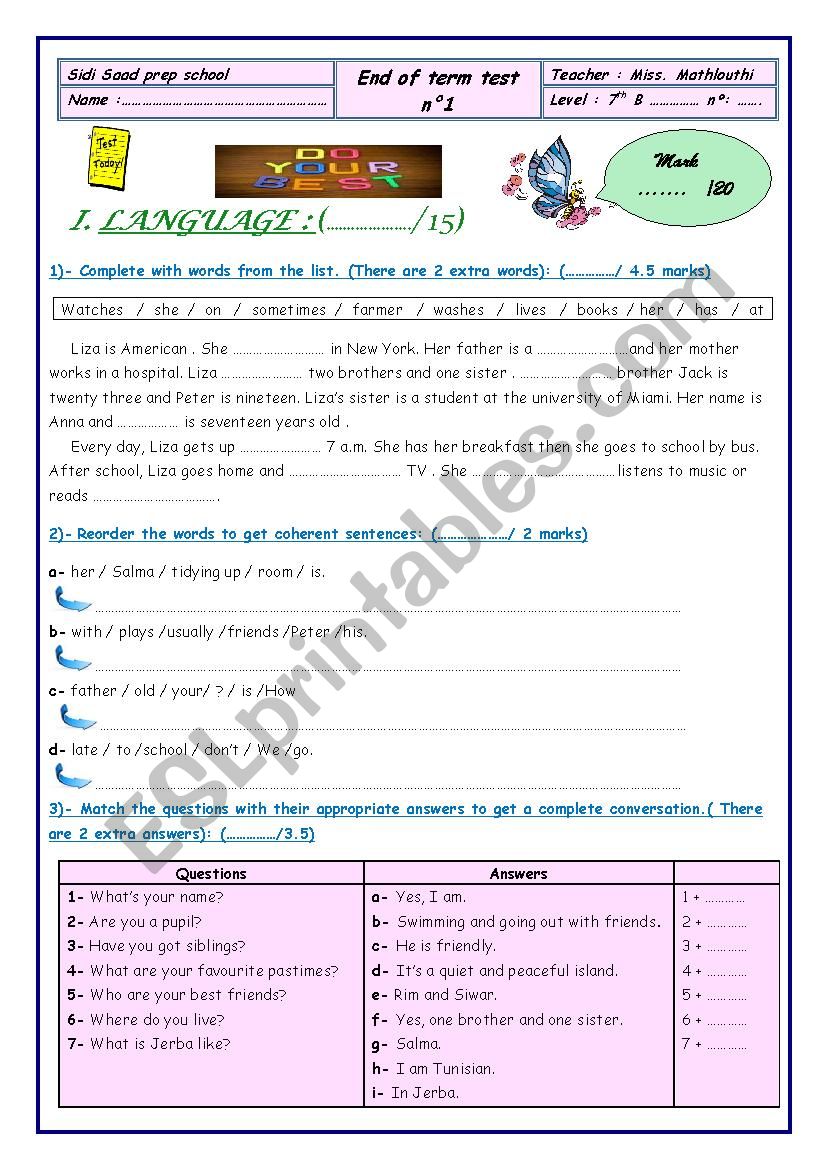 end of term test n1 (7th form)