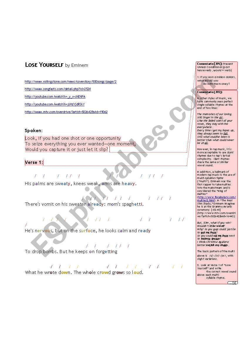 Lose Yourself by Eminem worksheet