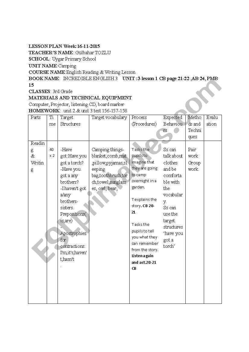 reading worksheet