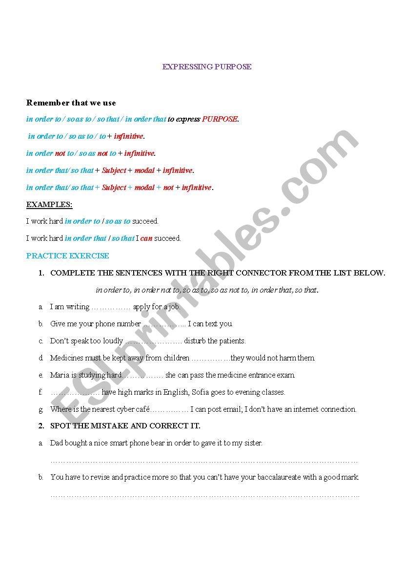 how to express purpose worksheet