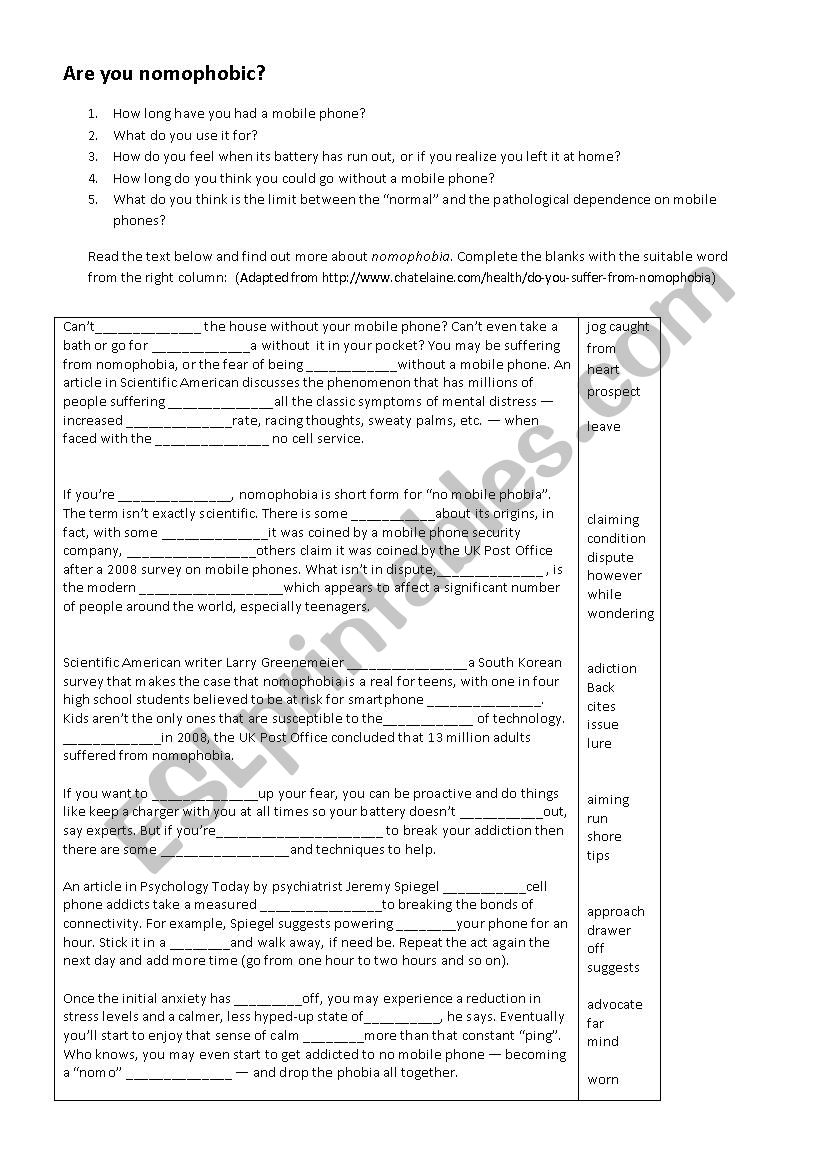 Are you nomophobic? worksheet