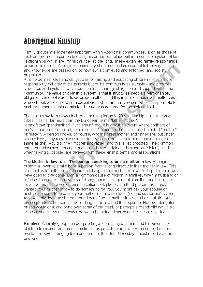 Australian Aboriginal Kinship worksheet