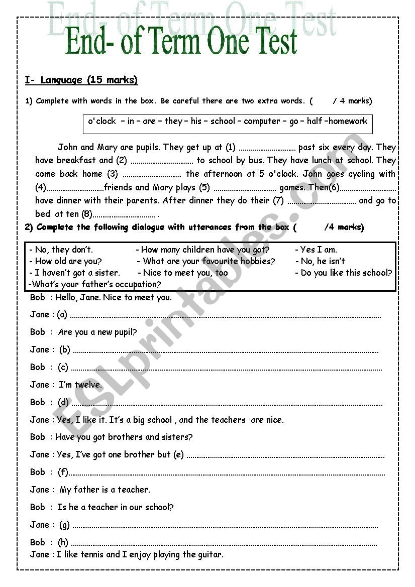 7th form End-of term one test worksheet