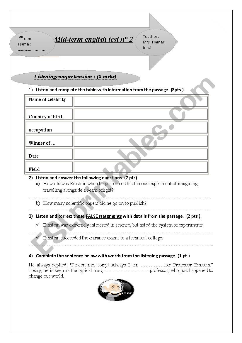 listening test nÂ°2 for 4th form - ESL worksheet by insaf hamed