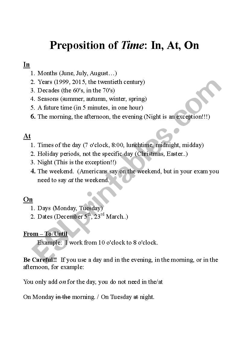 In At On for Place and Time, grammar and activities In At On for Place and Time, grammar and activities