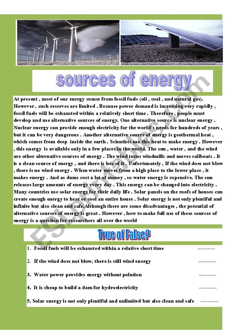 sources of energy reading worksheet