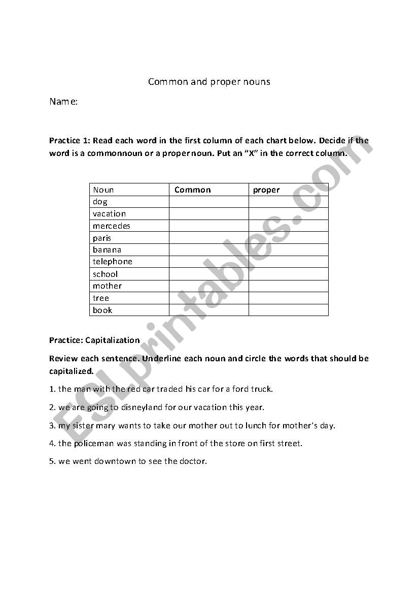 common and proper nouns worksheet
