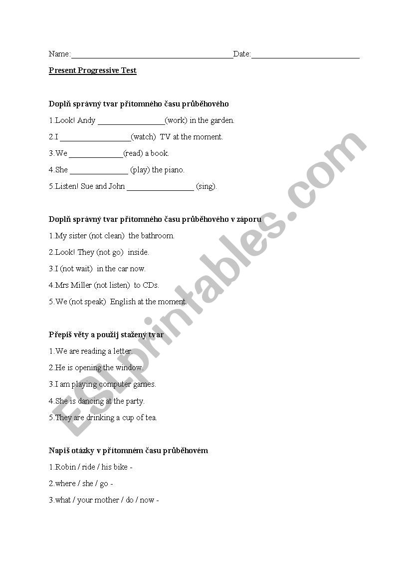 Present Progressive test worksheet