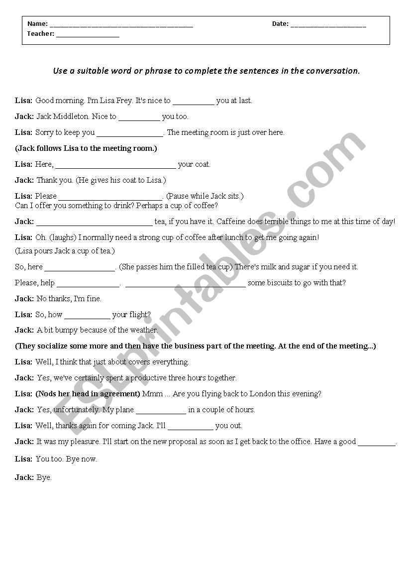 welcoming a visitor worksheet