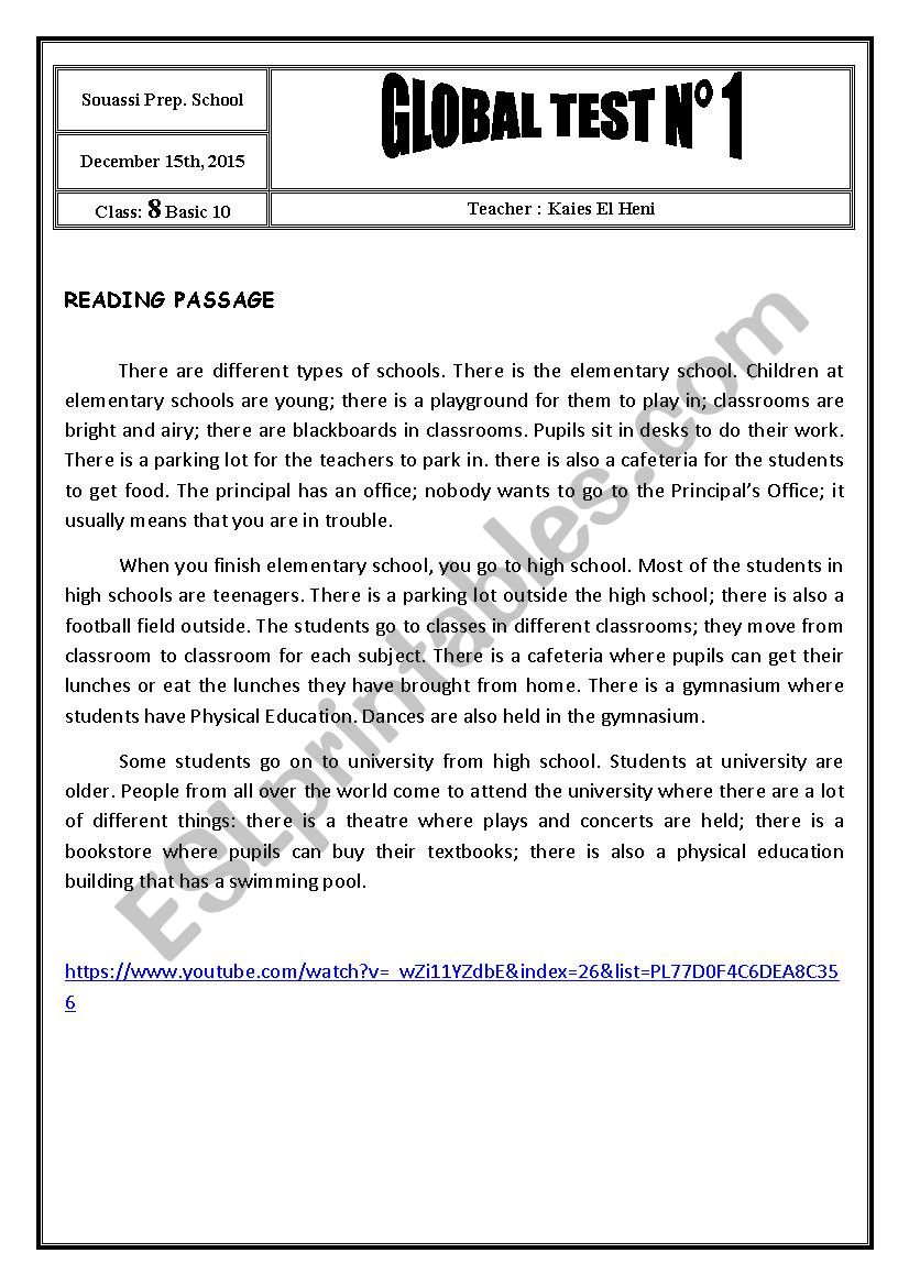 8th Form Global Test 1 worksheet