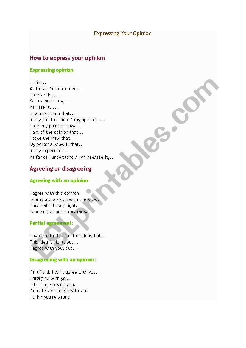 Ways to express your opinion worksheet