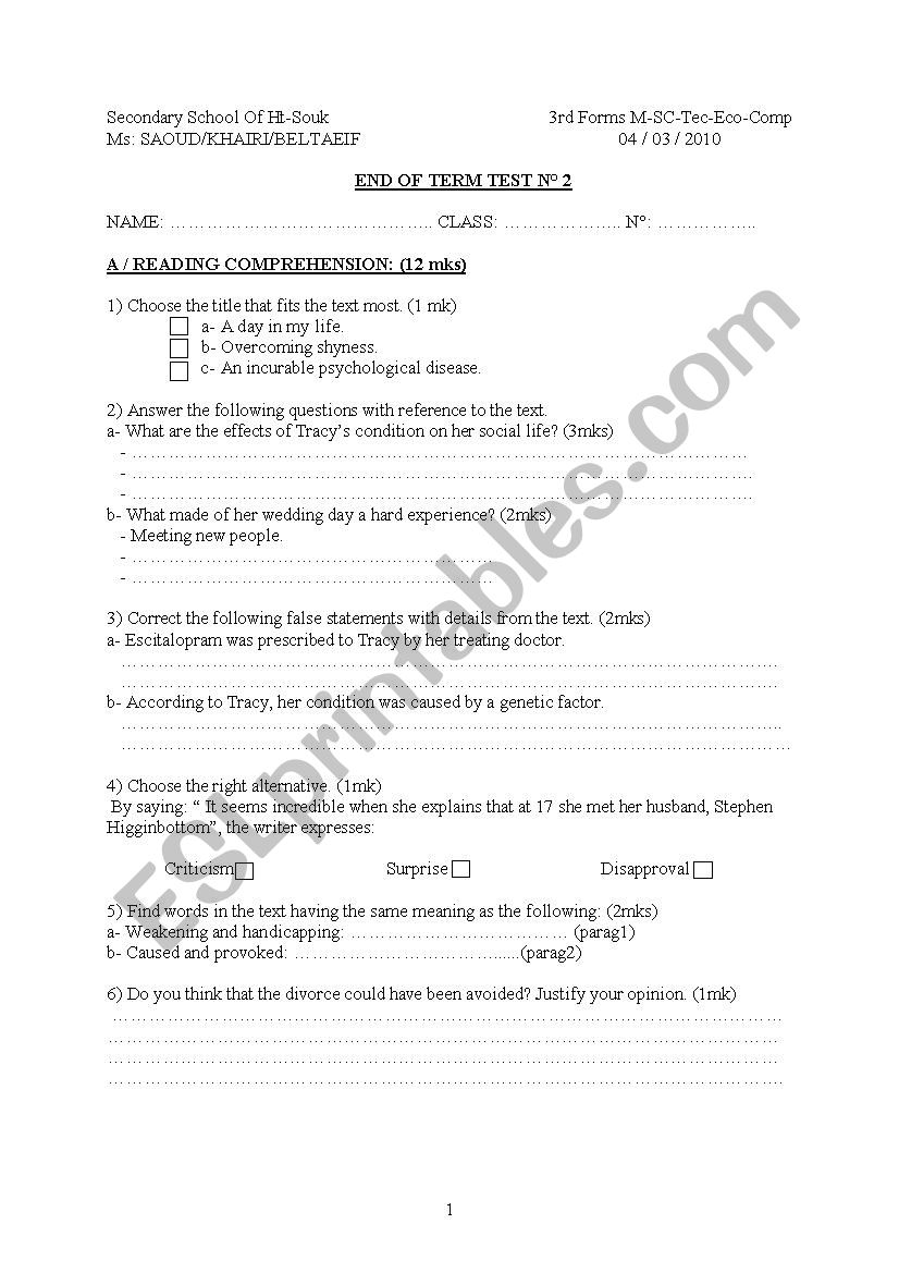 end of term test 2 third form 