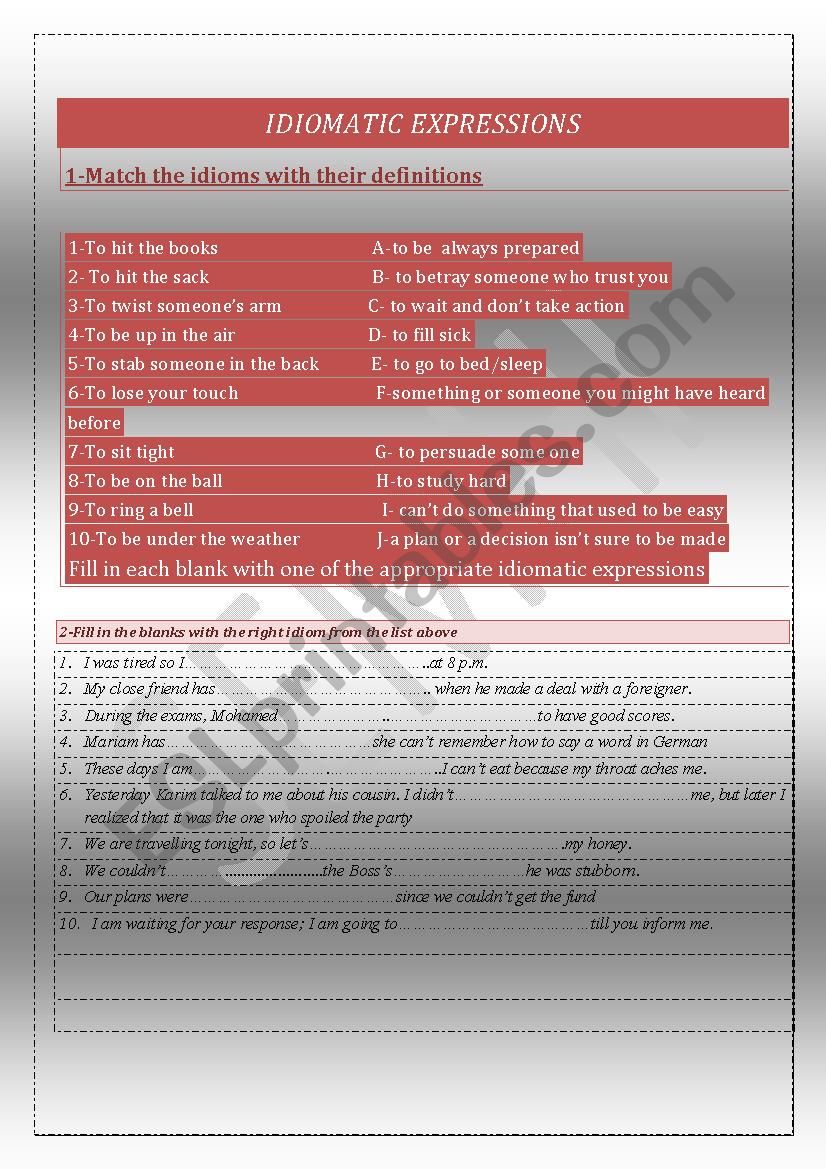 Idiomatic Expressions worksheet