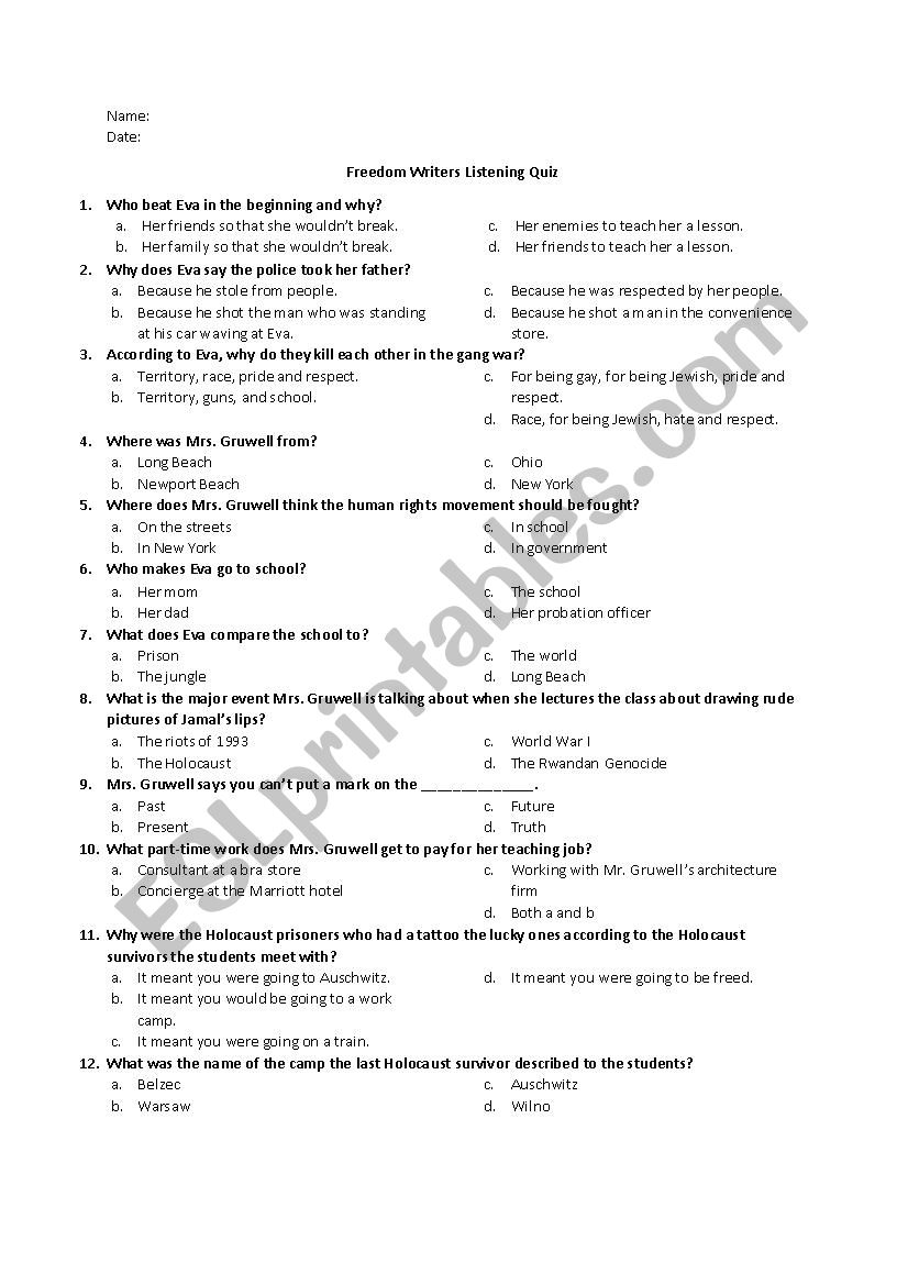 Freedom Writers Listening Quiz And Answer Key Esl Worksheet By Christina K Moura