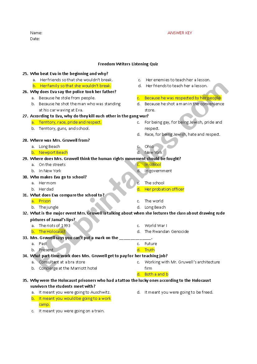 Freedom Writers Listening Quiz And Answer Key Esl Worksheet By Christina K Moura
