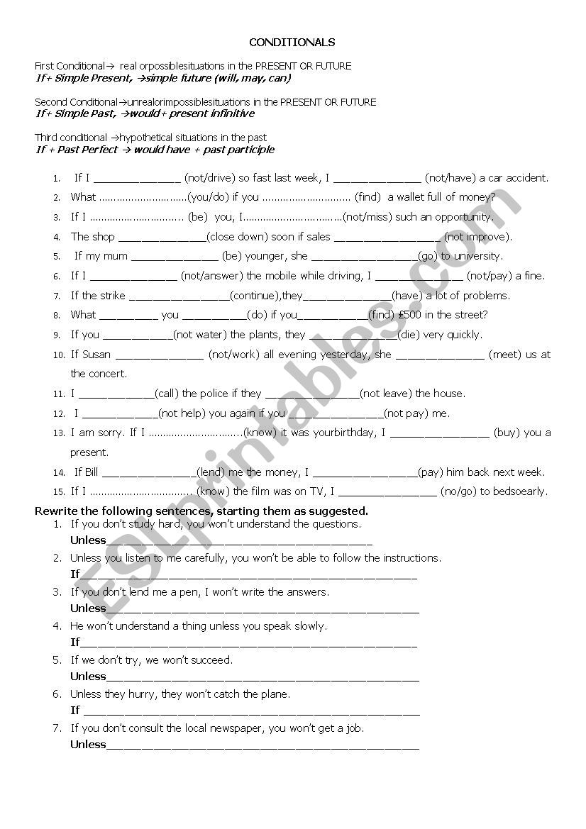 conditionals 1,2,3 worksheet