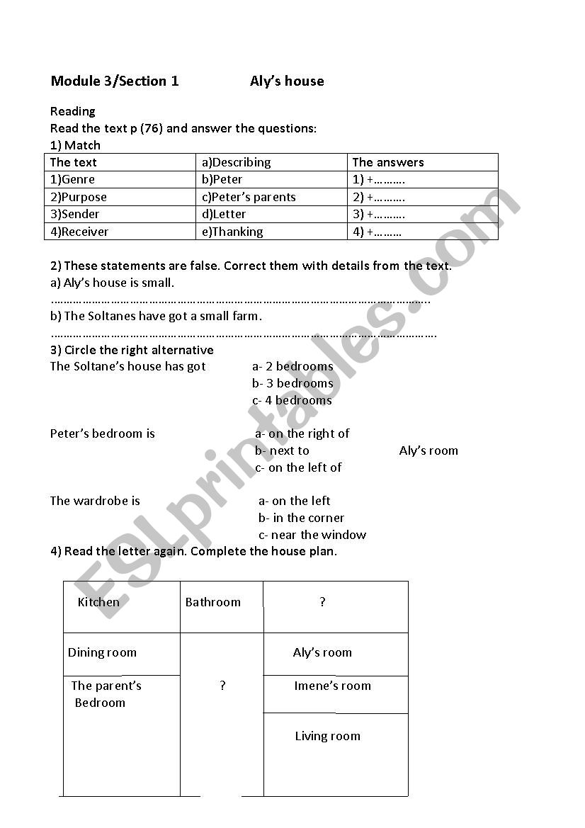 Alys house worksheet