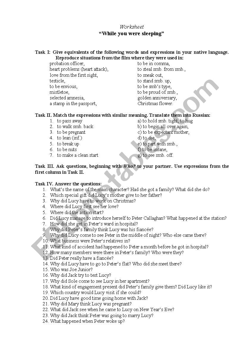 While you were sleeping  worksheet