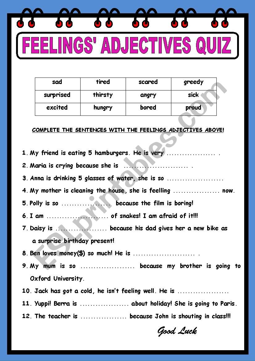 FEELINGS ADJECTIVES QUIZ worksheet